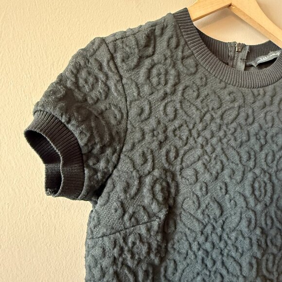 Women's M Zara Floral Jacquard Embossed Black Knit Short Sleeve Mini Shift - Picture 7 of 9
